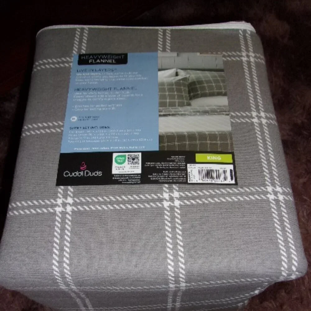NWT Cuddl Duds Heavyweight Flannel Gray Plaid King size Sheet Set